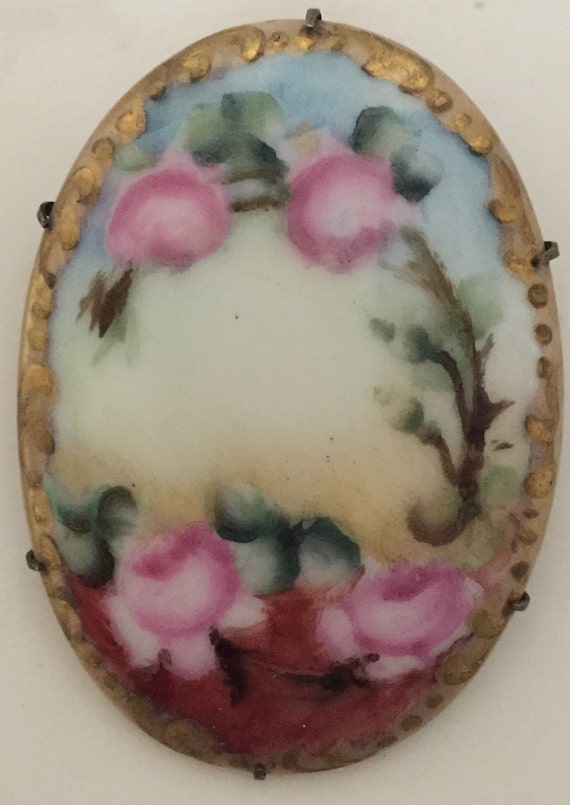 Antique Victorian Rose Brooch Handpainted Porcelai