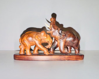 Sweet Vintage Carved Wooden Elephants Playful Pachyderms Miniature Trunk Up Elephant Carving Statuette Figurine Good Luck Symbol As Is 1960s