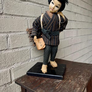 Charming Vintage Japanese Peasant Sage Doll Young Studious Rural Boy w Book & Firewood Kinjiro Ninomiya Sontoku Japan Asian Culture
