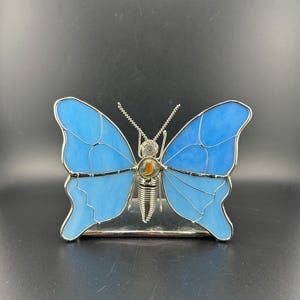 Vintage Blue Stained Glass Butterfly Votive Candle Holder Hippie Granny Core Boho Tealight Sculpture Figurine