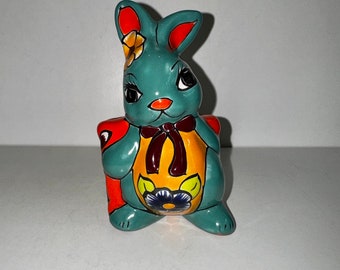 Small Cute Vintage Mexican Talavera Blue Bunny Rabbit Planter Festive Planter Weed Pot Made in Mexico Hand Painted Anthropomorphic Animals