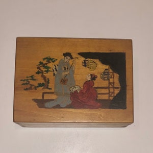 Vintage Hand Painted Wooden File Box Asian Japanese Geisha Girls Amateur Drawing Stash Box Keepsake Holder Coin Catcher Hinged Box