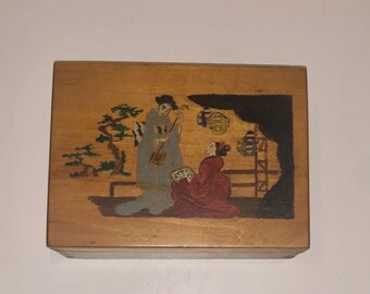 Vintage Hand Painted Wooden File Box Asian Japanese Geisha Girls Amateur Drawing Stash Box Keepsake Holder Coin Catcher Hinged Box