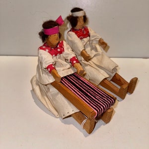 Vintage Primitive Indigenous Mexican Tarahumara Indian Dolls Hand Carved Wooden Indians Jointed Folk Art Miniatures Weaver & Basket Maker