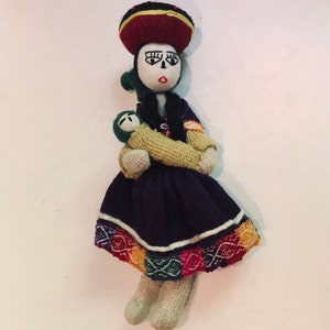 Vintage Handmade Peruvian Lady Cloth Folk Art Doll South American Woman in Purple Dress w Babies Made in Peru