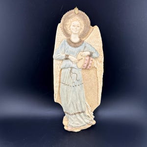 Vintage Musical Angel Christmas Ornament Drummer in Blue Gown 1991 United Design Corp Suzan Bradford