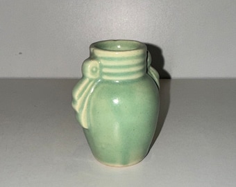 Sweet Miniature Vintage Aqua Green USA Art Pottery Vase Matte Aqua Glaze Tiny Weed Pot Brush McCoy Mid Century Vessel w Handles Art Deco