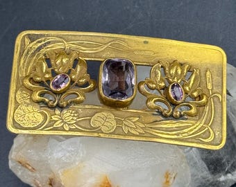 Antieke Art Nouveau gouden vergulde sjerpgesp met paarse faux amethist tulpen lisdodde Victoriaanse Edwardiaanse tijdperk riemaccessoires