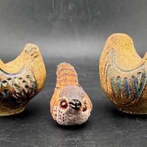 May include: Three ceramic bird figurines. Two are bowl-shaped with textured tan bodies and blue and brown wing details. The third is a small, upright bird with orange, brown, and gray coloring. The figurines are on a dark surface.
