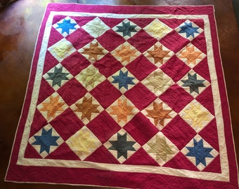Vintage Country Quilt Sawtooth Star or North Star Bright Red! 87in x 83in AS IS Restore or Cutter Quilt Evening Star Quilt Cottage Core