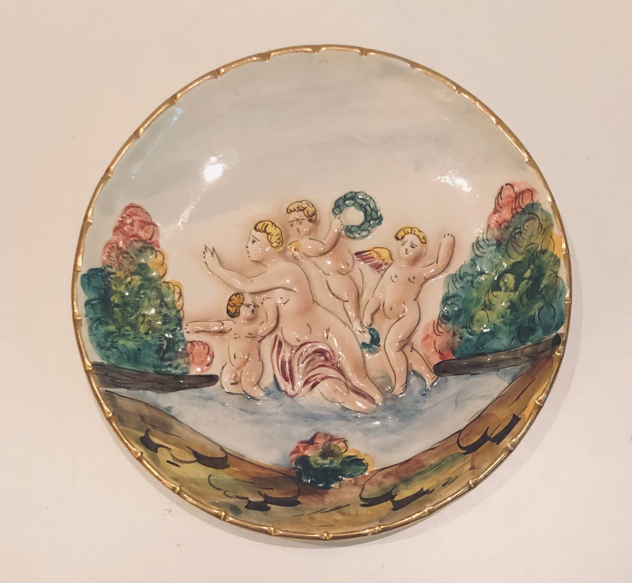 Vintage Ornate Italian Capodimonte Cherub Story Hanging Plate