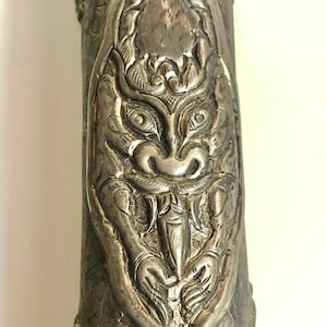 Asian Chinese or Nepalese Ornate Repoussé Incense Tower Prayer Scroll Holder Canister Dragon Foo Dog Elder Mask Good Luck Longevity Symbols