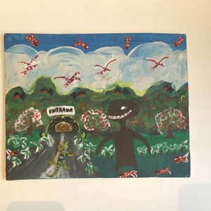 Pintura de arte popular caprichosa sobre madera La isla bajo el mar Ser sonriente Pez antropomórfico Lagarto de plástico Pájaros con lunares Técnica mixta