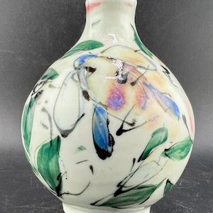 Small Vintage Studio Pottery Bud Vase Weedpot Bulbous Shaped Hand Painted Purple Flowers Green Leaves Artist Signed Ingrid