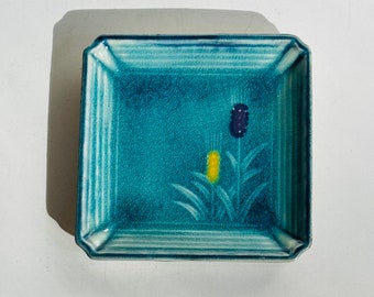 Vintage Japanese Mugi Ceramic Dish Kotobuki Square Trinket Tray Teabag Rest Ashtray Coaster Nouveau Deco Style Turquoise Blue Crackle Glaze