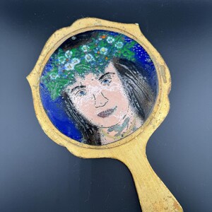 Vtg Outsider Art Miniature Denny Mahoney Folk Art Mirror Wooden Hand Mirror Enameled Mother Nature Gaia Goddess Painting Artrageousfolk NC