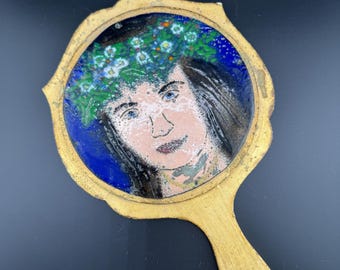 Vtg Outsider Art Miniature Denny Mahoney Folk Art Mirror Wooden Hand Mirror Enameled Mother Nature Gaia Goddess Painting Artrageousfolk NC
