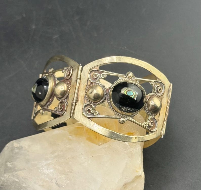 Magnífica pulsera vintage de abulón de ónix mexicano, brazalete de ónix mexicano, hecho en México, 29,9 g imagen 5