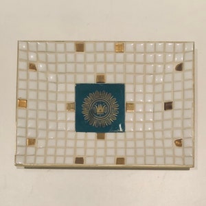 Vintage MCM Georges Briard Mosaic Tile Trinket Dish Gold Medallion Crown Small Metal Mid Century Modernist Mosaic Tray