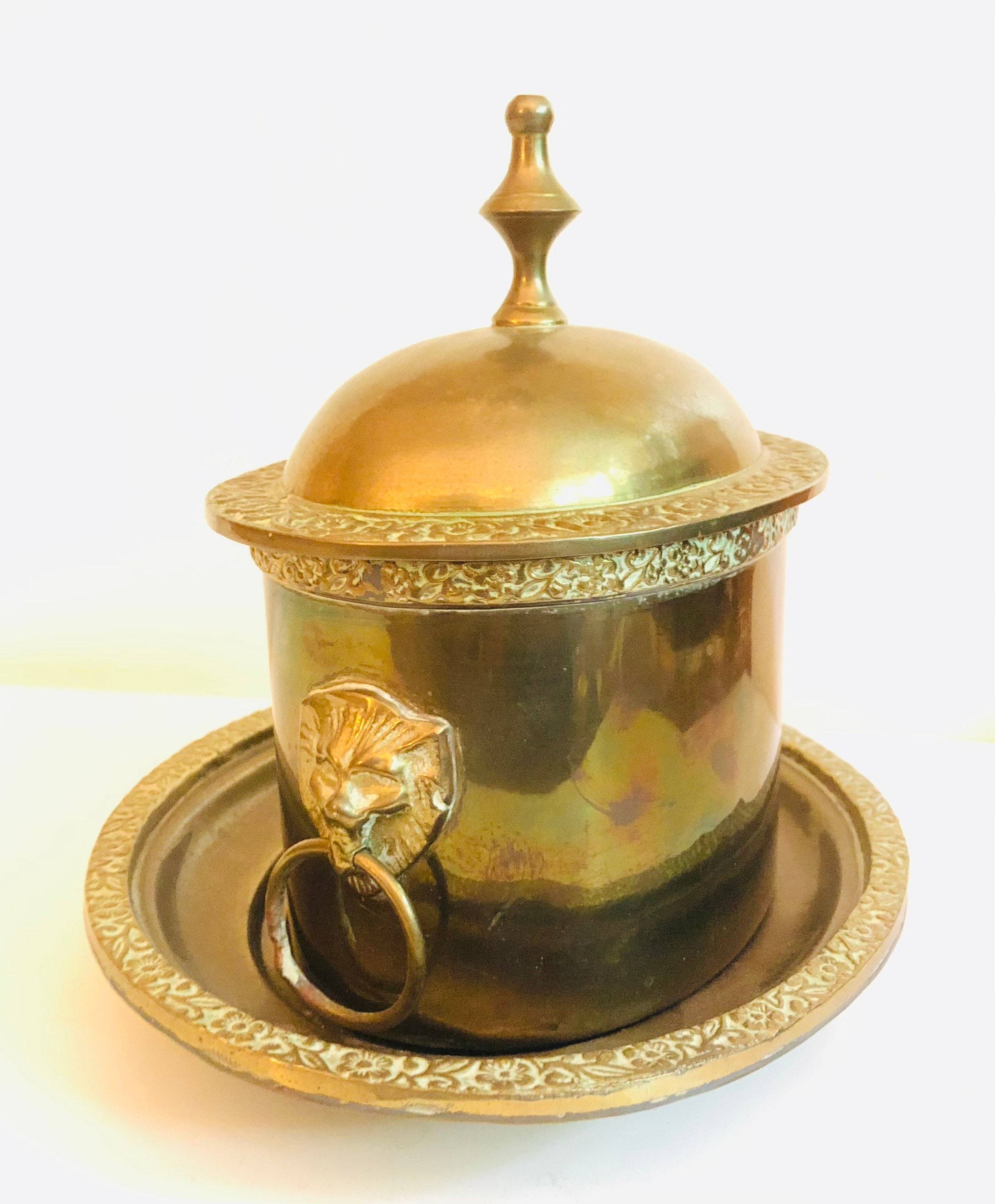 Vtg Ornate Brass Indian Lidded Tea Caddy Canister W Lion