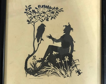 Whimsical Antique 1915 John Bennett Silhouette Print Jester Chatting with a Raven or Crow w Iris Flowers Tree AS IS Restoration Print