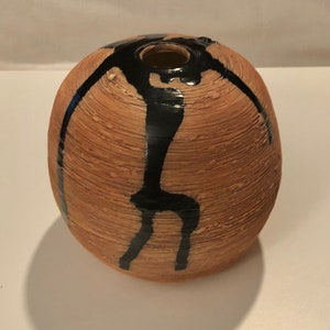 Vintage MCM Ceramic Clay Ball Vase w Black Freeform Design Gorgeous American Art Pottery Stoneware Vase Artist Signed AS