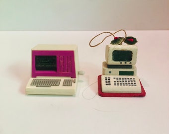 Little Miniature 1990 Kurt Adler Wooden Desktop Computer Christmas Ornament plus 1987 Wind Up Barbie Home Personal Computer PC AS IS