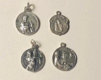 4 Vintage Sterling Silver Religious Medals Catholic Saints Charm Pendants Sainte Anne de Beaupré Sebastian Monique Monica Agnus