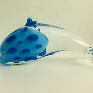 Vintage Art Glass Dolphin Sculpture Blue Spotted Aquatic Statue made in Scotland Crystal Statue Coastal Granny Beachhouse Fish Paperweight