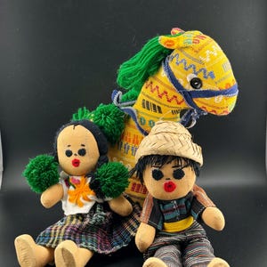 Vintage Handmade Indigenous Guatemalan Folk Art Dolls w Donkey Burro Articulated Poseable Man & Woman Couple Vibrant Fabrics Pier 1 Imports