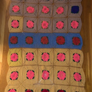 Striking Granny Square Afghan Roseann Raised Flower Blanket Estate Find Blue Stipe Bright Purple Red Flowers Cottagecore Grandmothercore