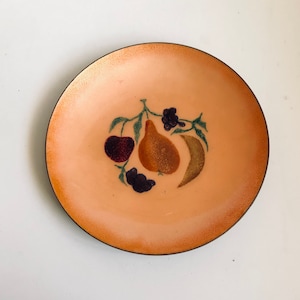 Vintage Mid Century Enamel Fruit Still Life Painting on Copper Bowl Dish Grapes Banana Pear Cherry