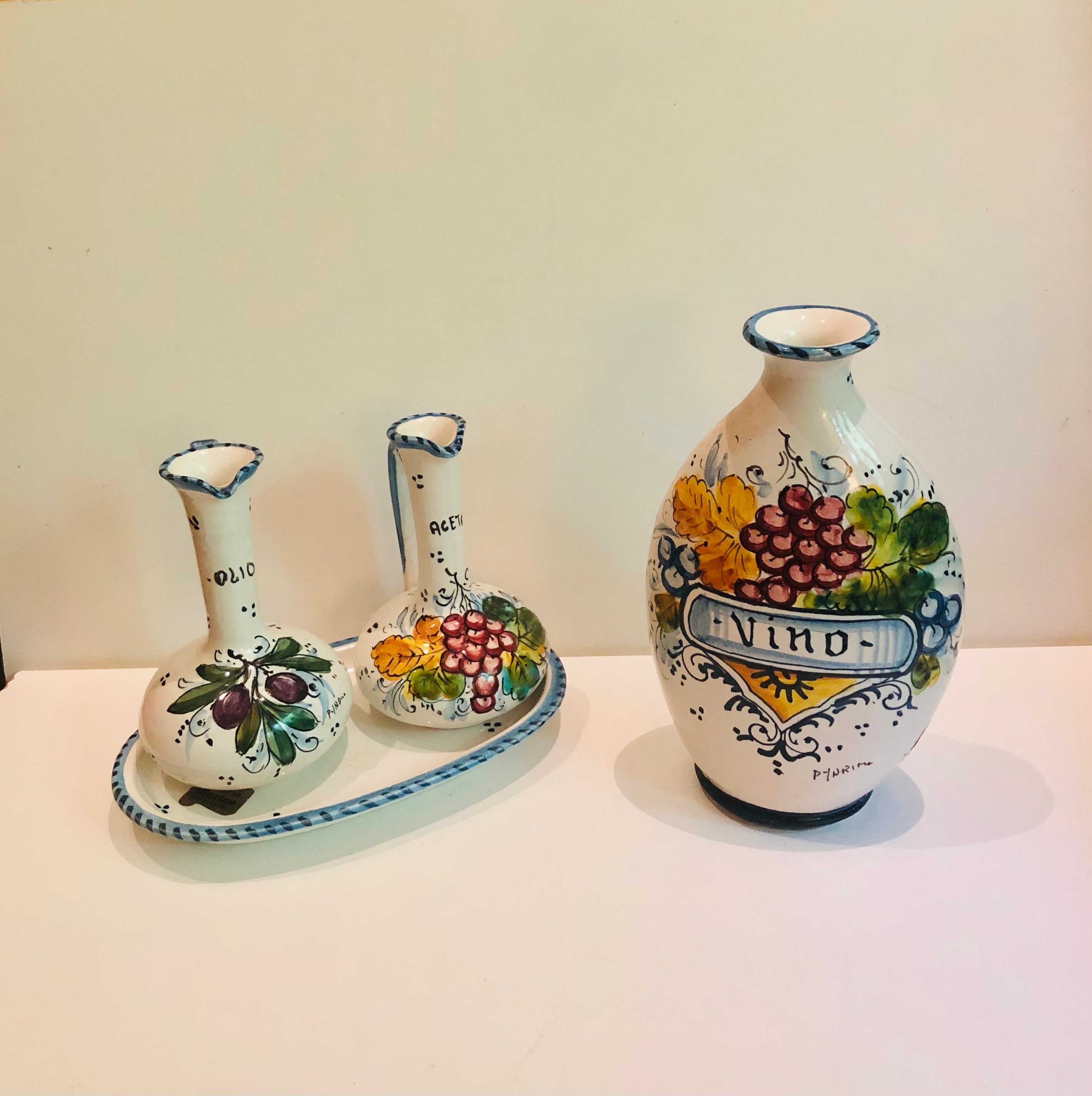 Olio E Aceto, Vintage Hand Crafted Oil and Vinegar Set From Deruta, Italy,  1970s 