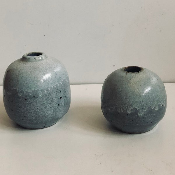 Pair of Small Studio Pottery Squat Vases Matching Miniature Hand Built Ball Vase Pair Artist Signed Southern Art Pottery