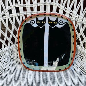 Vintage MCM Style Black Cat Twin Kitties Painting Wall Hanging Art Plate Halloween Cats Handmade Artist Signed Redware Murphy?