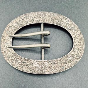 Large Antique Late Victorian 1880s La Pierre Sterling Silver Sash Buckle Hand Engraved Chased Flowers Floral Swirl Brooch Ornament over 1 Oz