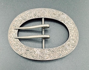 Large Antique Late Victorian 1880s La Pierre Sterling Silver Sash Buckle Hand Engraved Chased Flowers Floral Swirl Brooch Ornament 34 grams