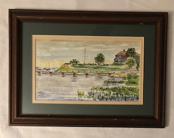 Original Signed Framed Watercolor Painting Seaside Painting with Boats Signed Jack Orvis 1992 Oceanside Beach House Man Cave Decor