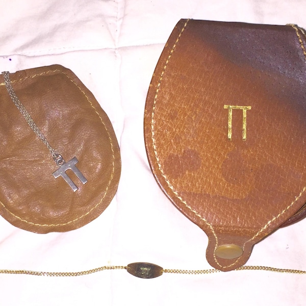 Pi Symbol Necklace UGA 1970 plus Leather Case Vintage Greek Pi Fraternal Pendant Necklace Gold Pi Bracelet Leather Hinged Miniature Box SALE
