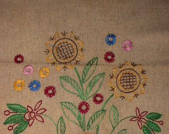 Vintage Embroidered Sunflowers Pillow Lovely Antique Handmade Muslin Pillow Case Ready to Stuff