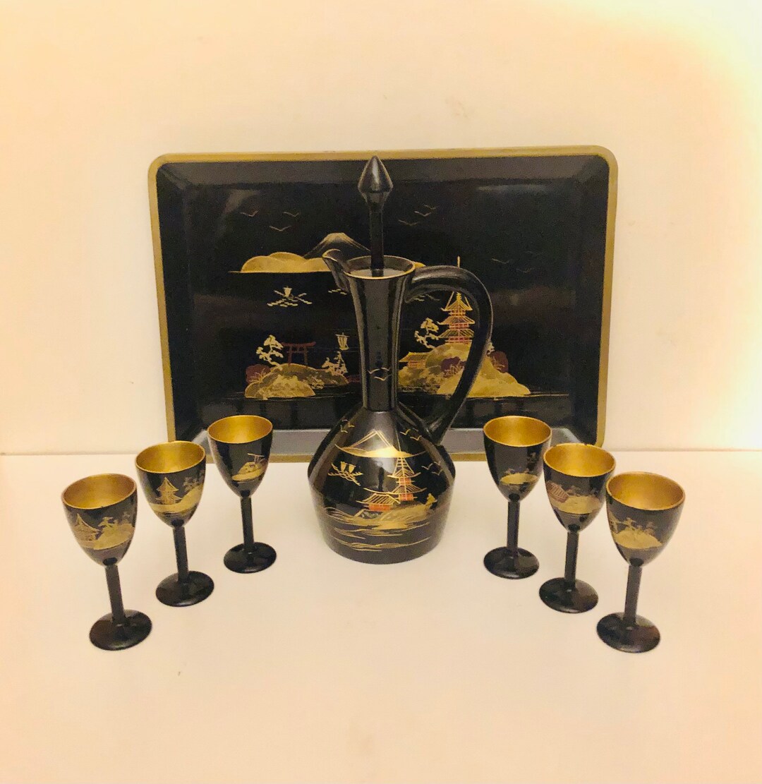 Vintage Japanese Lacquer Sake Set Black Lacquered Tray Saki Etsy