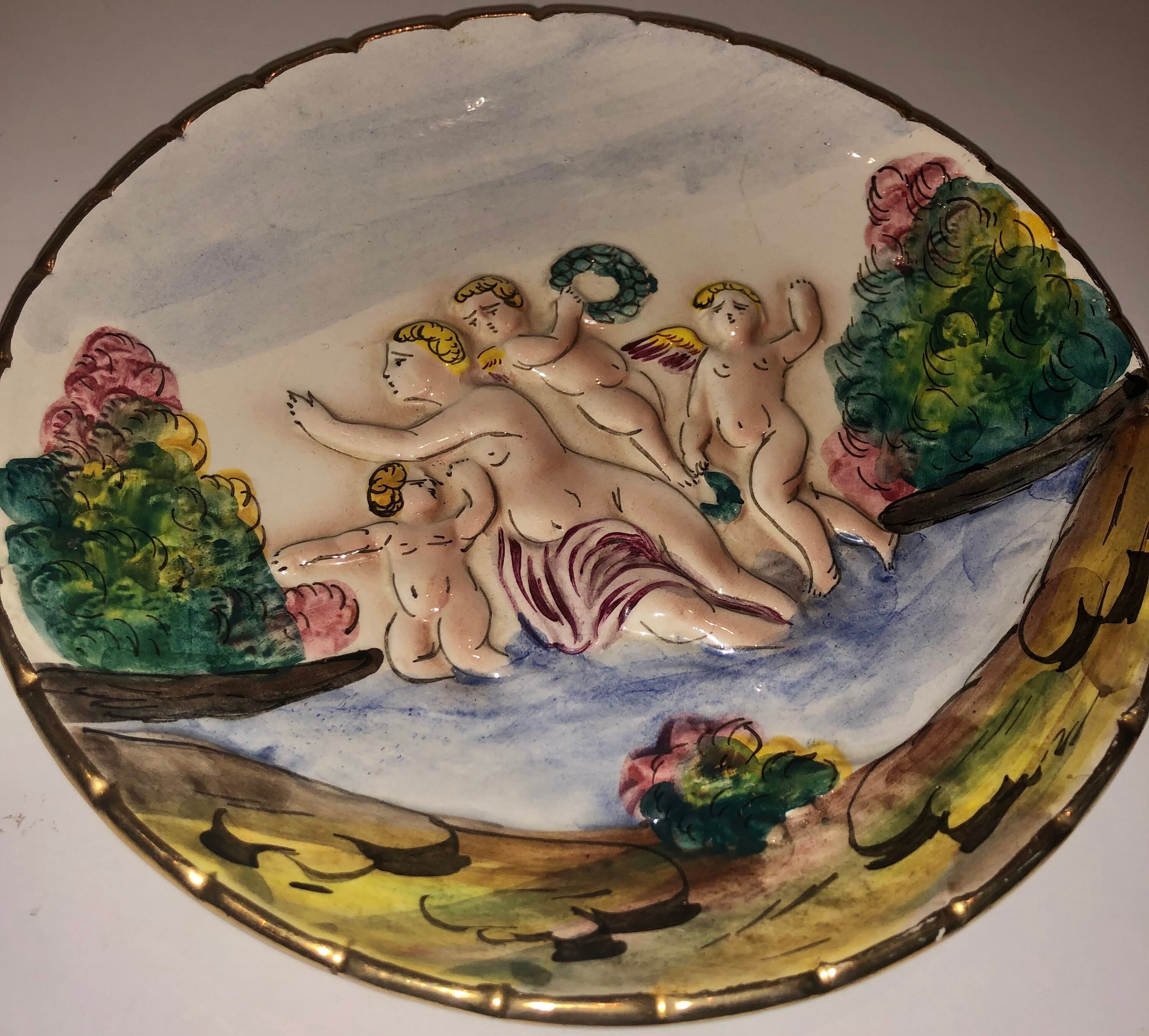 Vintage Ornate Italian Capodimonte Cherub Story Hanging Plate