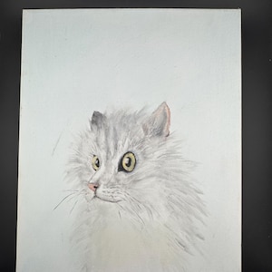 Vintage Original Cat Painting Long Haired White Fluffy Domestic Kitty Cat Wall Hanging Artist Signed Carol Rudolff