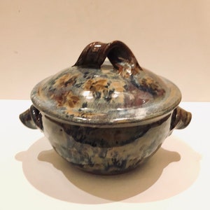 Vintage Hand Thrown Studio Pottery Blue Purple Tie Dye Crystalline Glaze Lidded Casserole Serving Dish Hippie Boho Artist Signed
