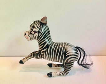 Vintage Jumping Zebra Lithographed Tin Toy 1980s Wind-Up Animal As Is w KEY Made in China