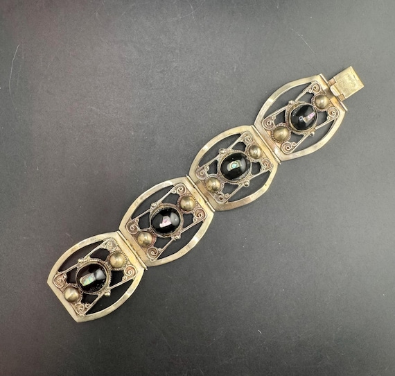 Superb Vintage Mexican Onyx Abalone Bracelet Mexican Onyx Cuff Bracelet Hecho En Mexico 29.9g