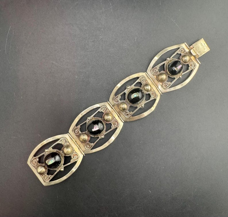 Magnífica pulsera vintage de abulón de ónix mexicano, brazalete de ónix mexicano, hecho en México, 29,9 g imagen 1