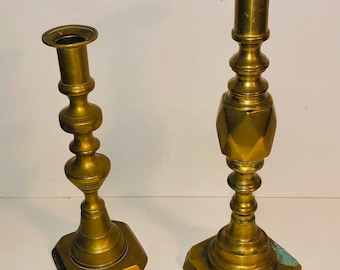 Heavy Antique Pair Mismatched Solid Brass Pillar Candle Holders For Polishing or Restoration Elegant Table Decor