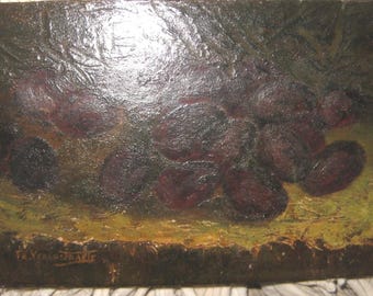 Antique Victorian Oil Painting Signed Friedrich Veroustraete Oil on Board Belgian Still Life OIL Grapes Olives Fruit Listed Artist