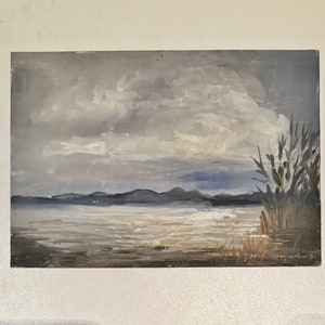 Agrupación vintage de pinturas al óleo en miniatura alemanas: serenas montañas bávaras, muelle de barco, escena costera, Josef N Jochen Sengfelder, Baviera, Alemania